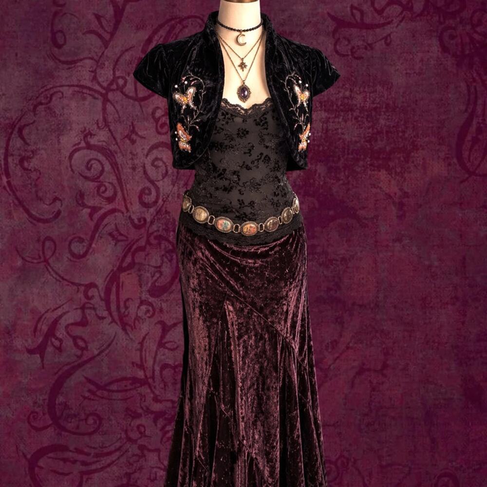 Black Velvet Butterfly Beaded Bolero Pearl Embellished Whimsigoth L
